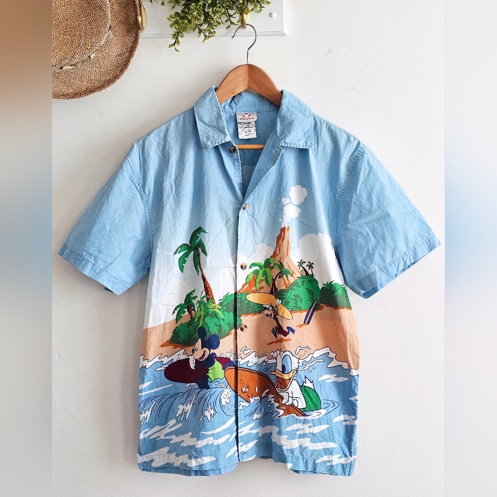 Disney Store Mickey Mouse Donald Duck Surf Hawaiian Shirt Blue Tropical Size S